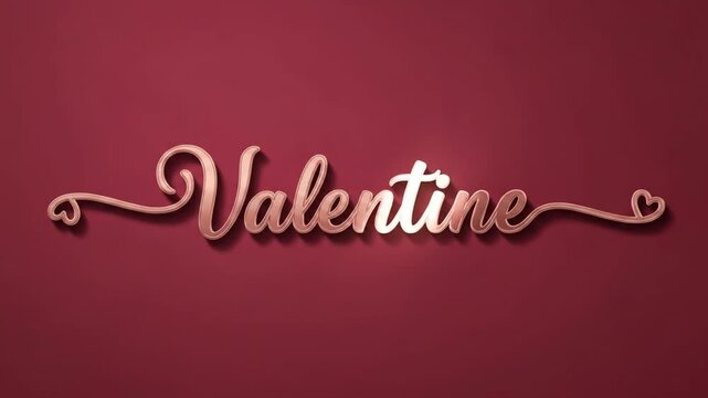 3D elegant Valentine text with heart swirls on dark red background.