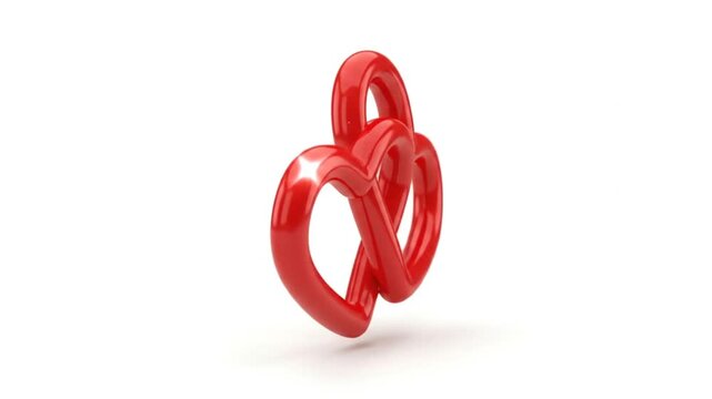 Two intertwined glossy red 3D hearts isolated on white background.