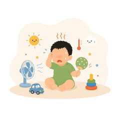 Fototapeta premium Baby toddler sweating and feeling hot during summer flat vector illustration