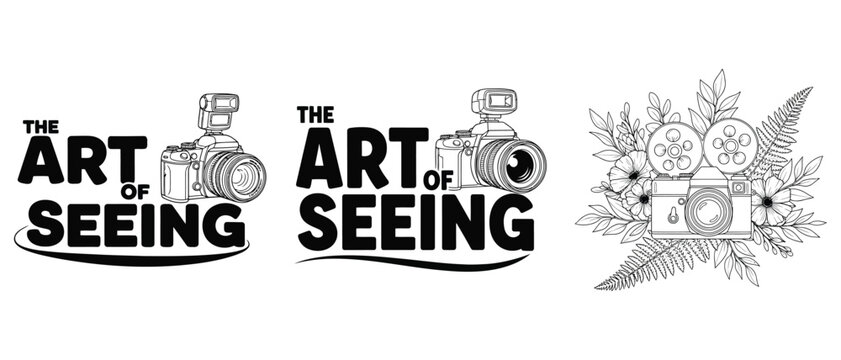 Set of photography logos and illustrations with cameras and floral elements vector t shirt