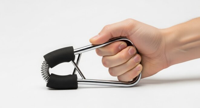 Close-up of a person's hand squeezing a silver metal spring hand exerciser with black rubber grips for forearm and finger strength training.