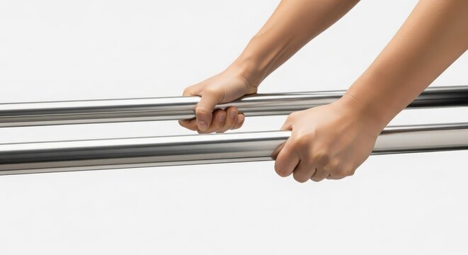 Human hands firmly gripping two parallel stainless steel bars, emphasizing strength and connection in a clean, isolated studio setting.