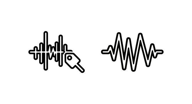 Audio waveform and sound frequency analysis outline icons with waveform frequency vibration analysis technology monitoring measurement recording interface software multimedia