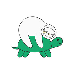Fototapeta premium Cute cartoon sloth riding on back of a green turtle