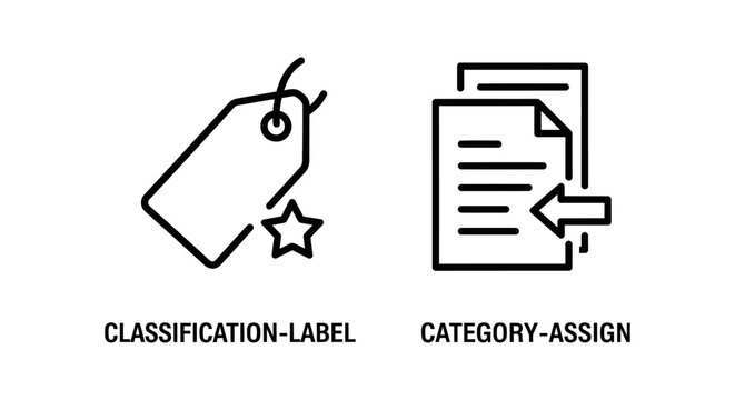 Classification label and category assignment vector icons with classification category assignment document organization management indexing structure metadata hierarchy database
