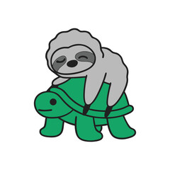 Fototapeta premium Cute cartoon sloth sleeping on a green turtle