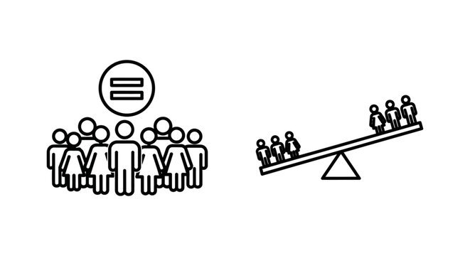 Demographic parity and group balance social equity icons with demographic equality diversity inclusion fairness population statistics comparison analysis representation corporate