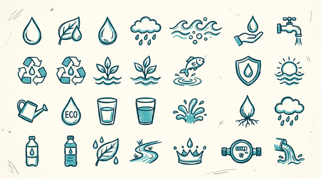Eco friendly water conservation and ecology icon set.