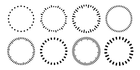 A set of circles made of dashes, clock face markings, or a circular scale. Black and white vector illustration. © Kusandra