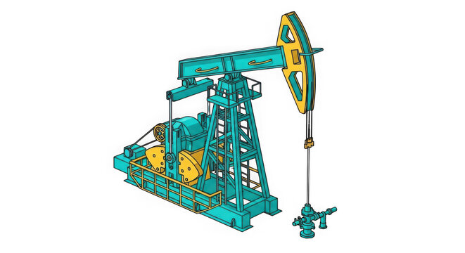 Teal and yellow oil pump jack on white