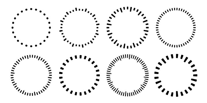 A set of circles made of dashes, clock face markings, or a circular scale. Black and white vector illustration.