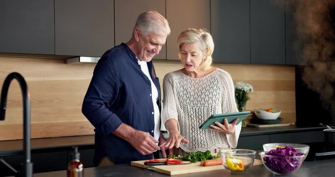 Meal prep, recipe or old couple in kitchen with tablet, food blog or connection with cooking. Instructions, help or elderly people in home with tech, online tutorial or bonding in culinary hobby.