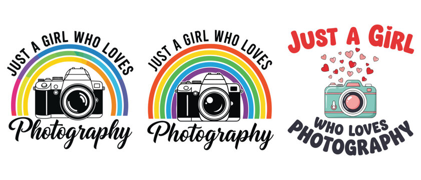 Set of three just a girl who loves photography tshirt designs with cameras and rainbows vector t shirt