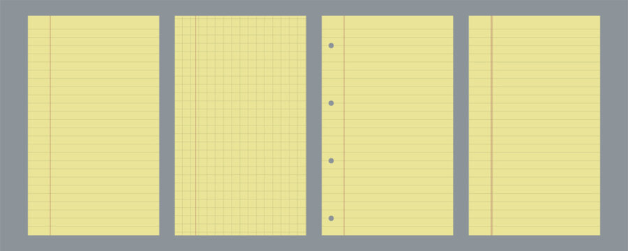 paper notebook note line background with yellow pad and sheet for school memo. White ruled page with graph grid and red margin for blank study. Isolated vector texture for journal and binder.