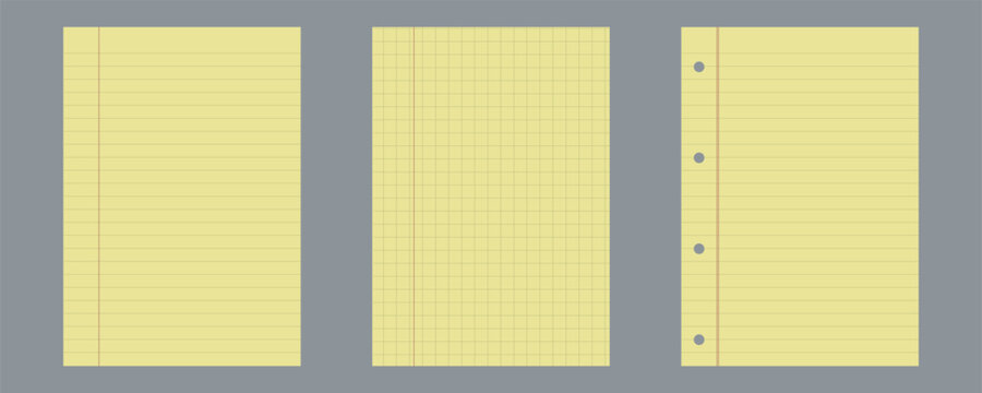 paper notebook note line background with yellow pad and sheet for school memo. White reminder page with graph grid and red margin by binder hole detail. Isolated blank texture for journal and layout.