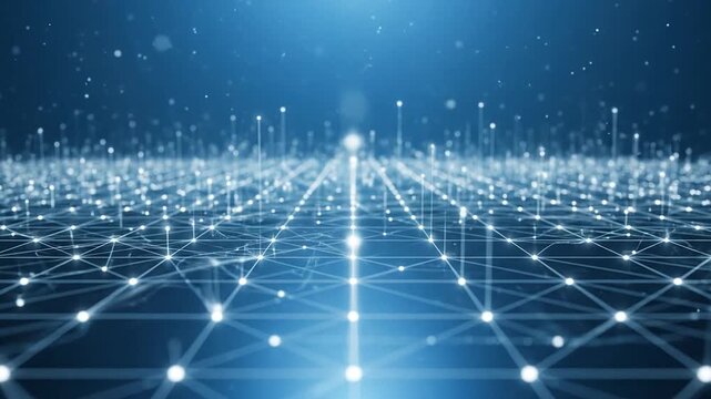 Blue digital lattice network with illuminated node points.
