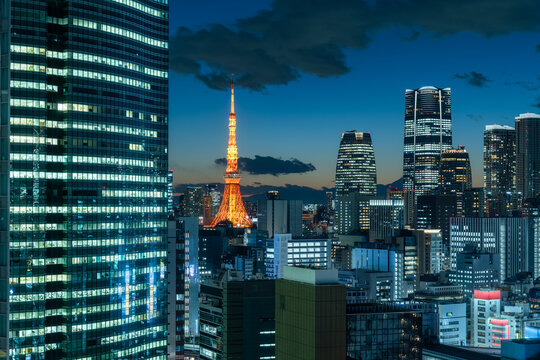 Tokyo skyline with Tokyo Tower at night, Tokyo, Japan