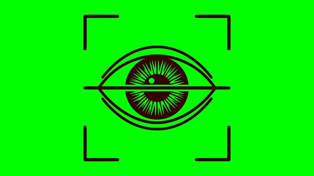 eye scan animation with red blinking light on green chroma key background for video editing