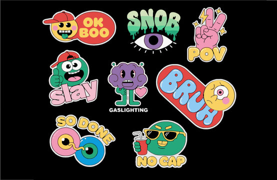 Trendy Y2K style colorful sticker set, smiley faces and positive messages illustration