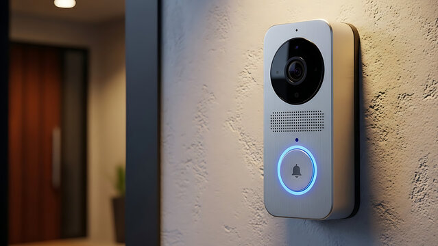 Advanced electronic doorbell featuring integrated security camera and voice recognition sensor installed on an exterior wall, representing modern smart home automation and safety technology.