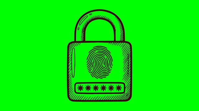 hand drawn animation of a security padlock with biometrics and pin code featuring a flashing red light alert on a green screen chroma key background