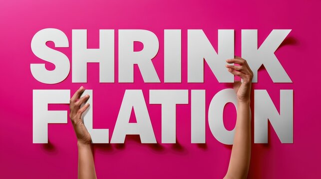 Shrinkflation Concept with Hands Holding Large White Letters on Pink