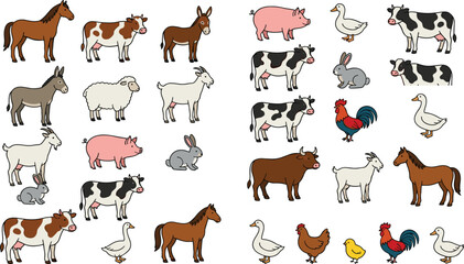 Fototapeta premium Farm Animal Collection Set Featuring Livestock Poultry and Domestic Farm Animals Cartoon Vector Illustration