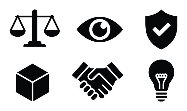 business core values and ethics icon set, justice scale eye shield handshake box and lightbulb symbols, corporate integrity and leadership concept, trust responsibility and innovation vector