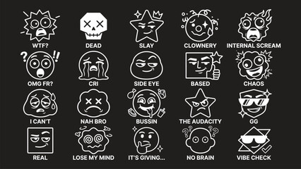 Fototapeta premium Emotional faces, funny emoticons, white line art icons, black background, meme expressions