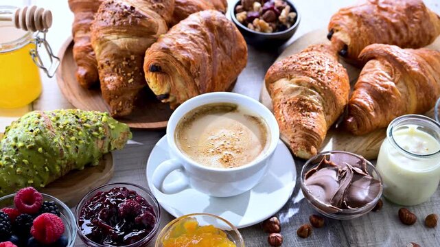 Italian breakfast served with croissants, orange juice, coffee and sweet extrass.