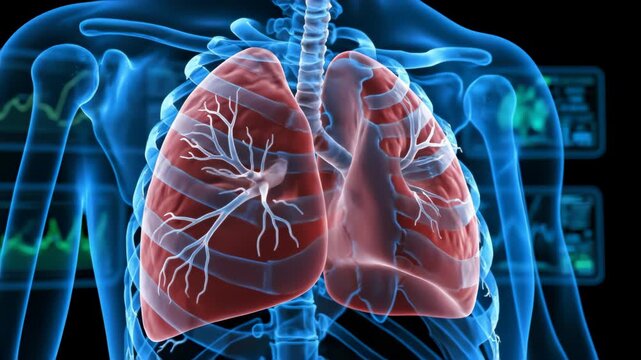 A 3D rendered human torso highlights the respiratory system with lungs and trachea