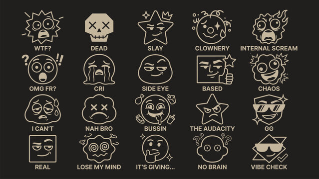 Funny emoticon faces, meme reaction icons, emoticons set, gold outline on black