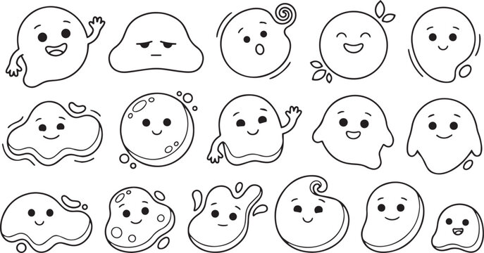 cute ghost icons, cartoon ghost faces, black and white vector illustrations, Halloween stickers