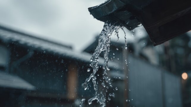 Water pouring from a traditional tile roof gutter detail.