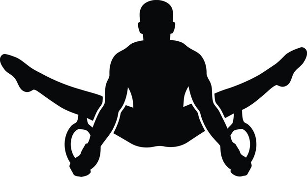 Gymnastic rings athlete silhouette, male gymnast performing straddle L-sit on still rings, professional artistic gymnastics vector icon