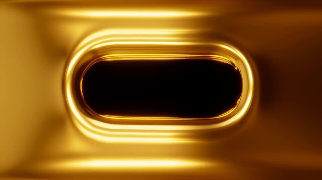 Slow motion tracking zoom of gold liquid surface forming oval opening on reflective metal rim in dark studio closeup, shifting inward and narrowing