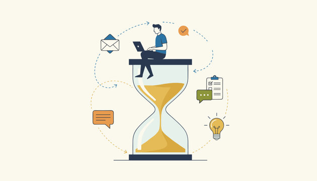 Busy freelancer working on a laptop while sitting on top of a large hourglass, depicting time management.
