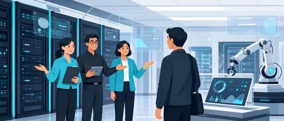 Fototapeta premium Business team touring a server room with robotic arm