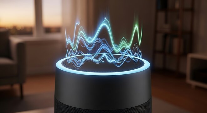 Smart speaker with glowing blue light.