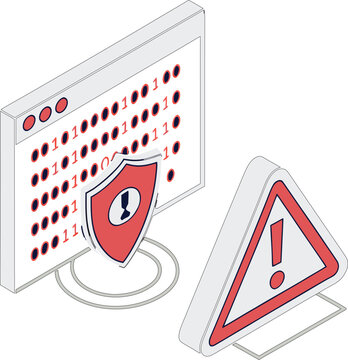 A computer screen displaying binary code with a shield and a warning triangle, representing data security, cyber threats, and system errors