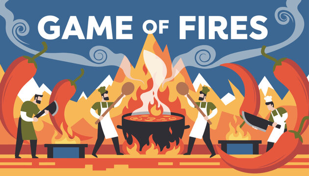 Culinary experts work together to prepare spicy food in a massive cauldron over open flames during a spicy cook-off.