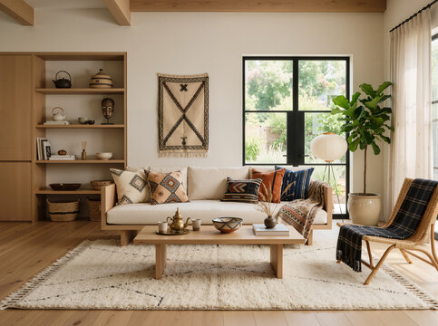 An elegant room that combines modern and traditional styles with a Berber touch evident in the Berber floor rugs.