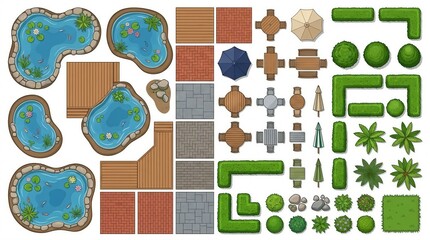 Naklejka premium Garden pond deck umbrella furniture illustration set with tables chairs hedges bushes rocks decor