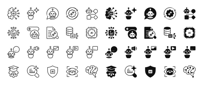 AI technology icons set in outline and filled styles. Artificial intelligence, chatbot, machine learning, automation and generative AI UI icons