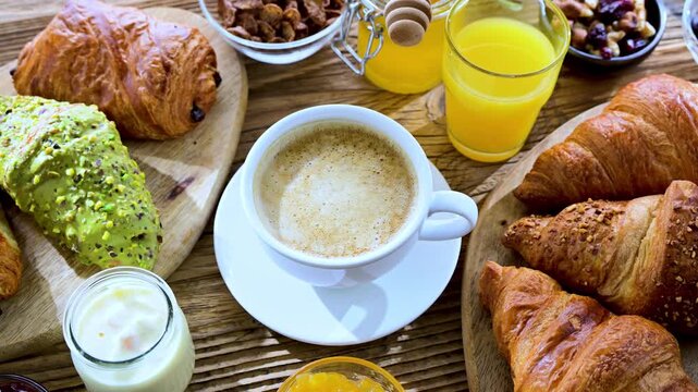 Italian breakfast served with croissants, orange juice, coffee and sweet extrass.
