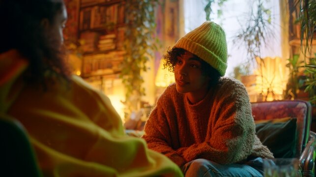 Young person in knit cap sits warmly lit room, engaged in intimate conversation with another person. Cozy, textured sweater and ambient lighting evoke comfort and connection