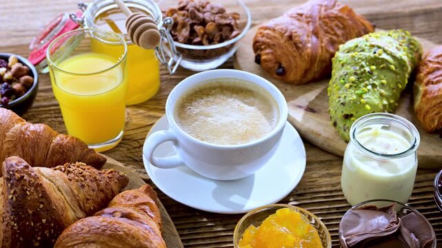 Italian breakfast served with croissants, orange juice, coffee and sweet extrass.
