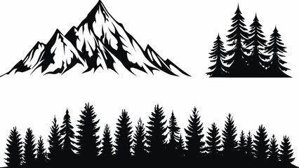 Mountain range and coniferous trees silhouette against a white background © Sarathi
