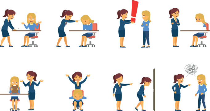 Angry female boss scolding sad employee character set showing workplace bullying, toxic office environment, corporate conflict, and stress vector illustration
