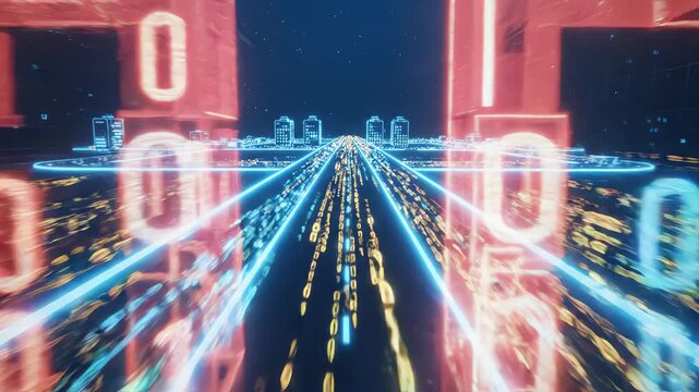 Abstract motion graphics of digital data streams flowing along a conceptual highway to illustrate autonomous driving regulation and system logic